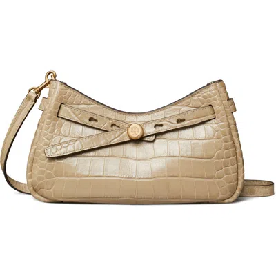 Tory Burch Romy Zip Top Croc Embossed Leather Crossbody Bag In White