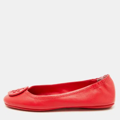 Pre-owned Tory Burch Rose Red Leather Reva Logo Ballet Flats Size 37