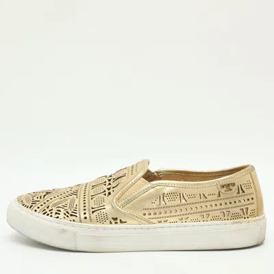 Pre-owned Tory Burch Roselle Cut-out Size 37.5 Gold Leather Slip On Sneakers