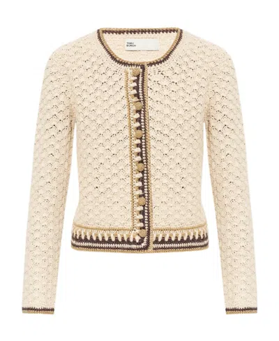 Tory Burch Round-neck Button-up Cardigan In Nude