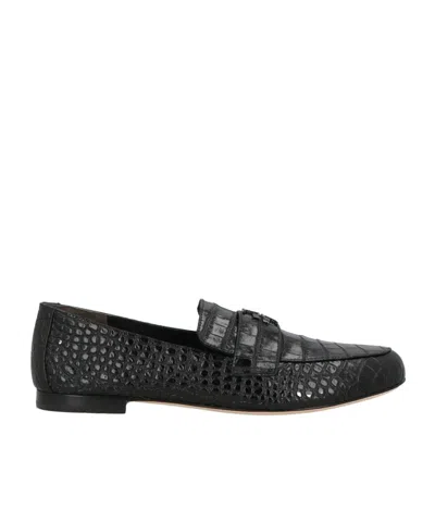 Tory Burch Round Toe Crocodile Pattern Loafers In Black
