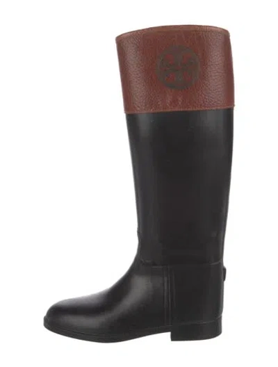 Pre-owned Tory Burch Rubber Colorblock Pattern Rain Boots In Black