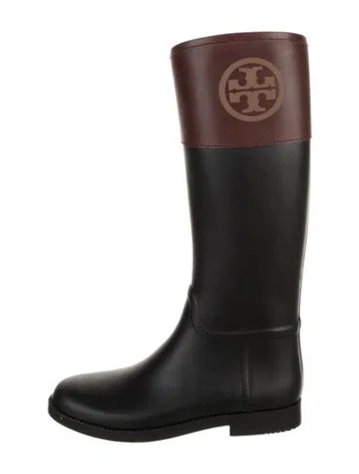 Pre-owned Tory Burch Rubber Colorblock Pattern Rain Boots In Black