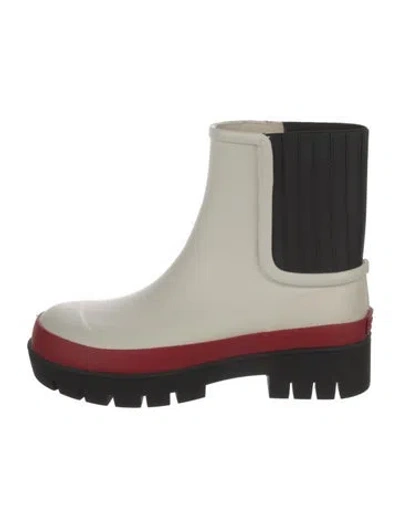 Pre-owned Tory Burch Rubber Colorblock Pattern Rain Boots In White