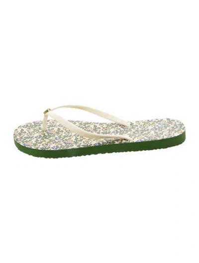 Pre-owned Tory Burch Rubber Floral Print Flip Flops In Green