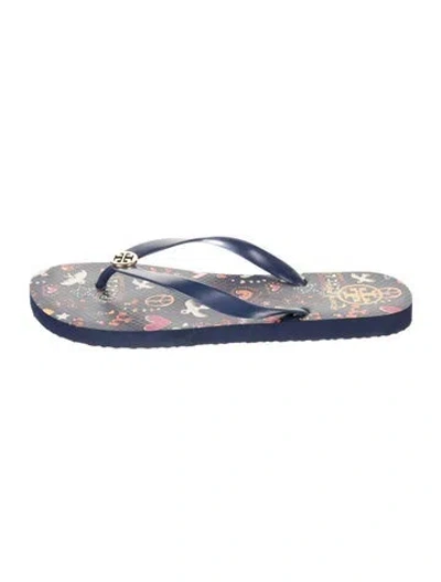 Pre-owned Tory Burch Rubber Graphic Print Flip Flops In Blue