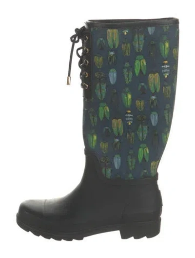 Pre-owned Tory Burch Rubber Graphic Print Rain Boots In Blue