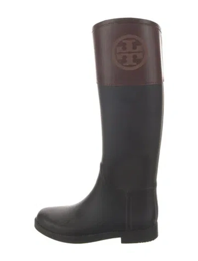 Pre-owned Tory Burch Rubber Leather Trim Embellishment Rain Boots In Black