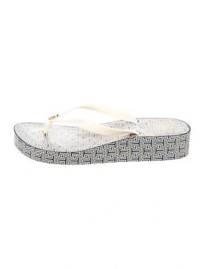 Pre-owned Tory Burch Rubber Patterned Flip Flops In Blue/white