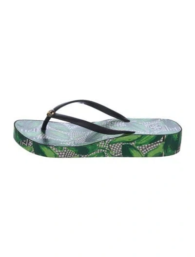Pre-owned Tory Burch Rubber Printed Flip Flops In Green