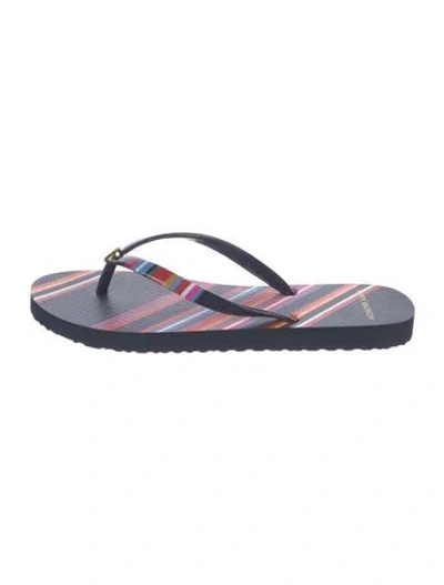 Pre-owned Tory Burch Rubber Striped Flip Flops In Blue
