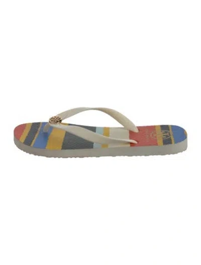 Pre-owned Tory Burch Rubber Striped Flip Flops In Blue