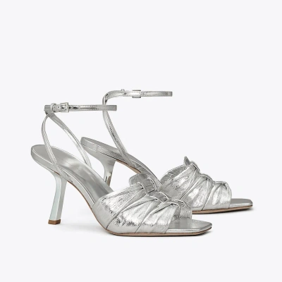 Tory Burch Ruched Heeled Sandal In Silver
