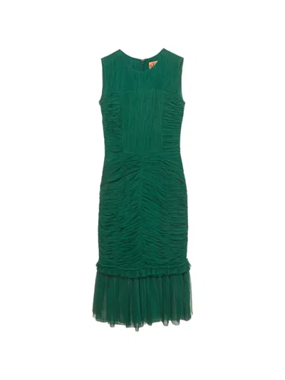 Pre-owned Tory Burch Ruched Mesh Midi Dress In Green