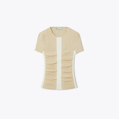 Tory Burch Ruched Wool Short Sleeve Sweater Top In Pearled Ivory