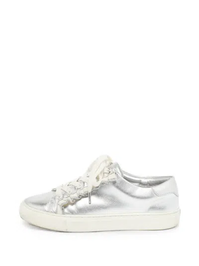 Pre-owned Tory Burch Ruffle-trim Lace-up Sneakers In Silver