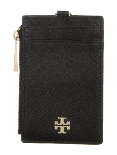 Pre-owned Tory Burch Saffiano Leather Card Holder In Black
