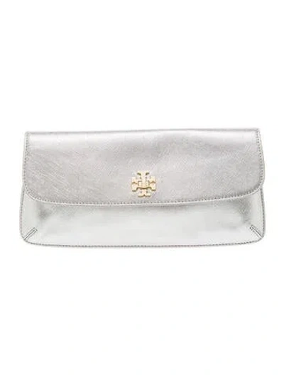 Pre-owned Tory Burch Saffiano Leather Clutch In Silver