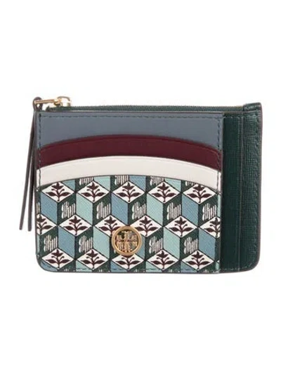 Pre-owned Tory Burch Saffiano Leather Graphic Print Card Holder In Green