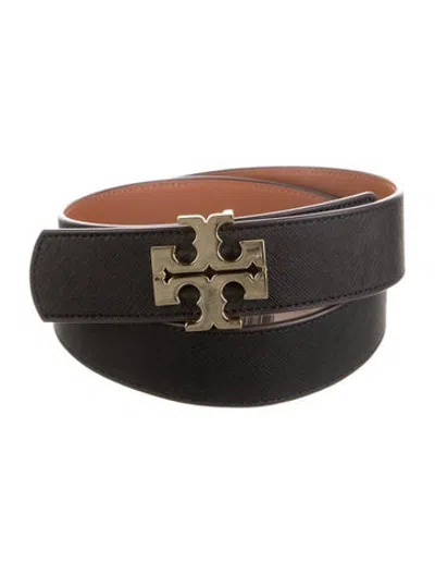 Pre-owned Tory Burch Saffiano Leather Leather Trim Embellishment Waist Belt In Black