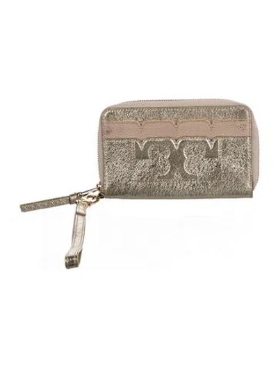 Pre-owned Tory Burch Saffiano Leather Printed Wallet In Gold