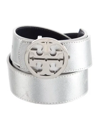 Pre-owned Tory Burch Saffiano Leather Waist Belt In Metallic/silver