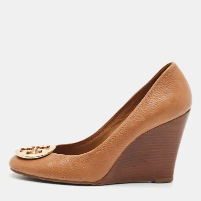Pre-owned Tory Burch Sally 2 Size 39 Brown Leather Wedge Pumps