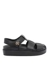 Tory Burch Kira Black Sandals With Logo Plaque In Grained Leather Woman In Black