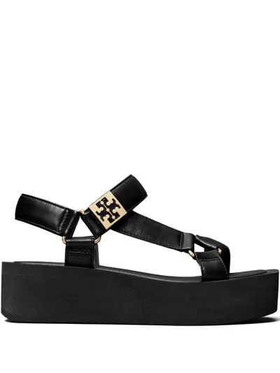 Tory Burch Round Toe Leather Platform Sandals With Ankle Strap In Black