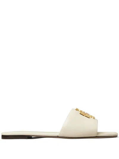 Tory Burch Eleanor Leather Medallion Flat Slide Sandals In Beige