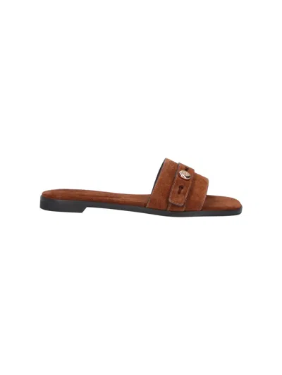 Tory Burch Romy Brown Sandals With Logo Plaque On The Front In Suede Woman