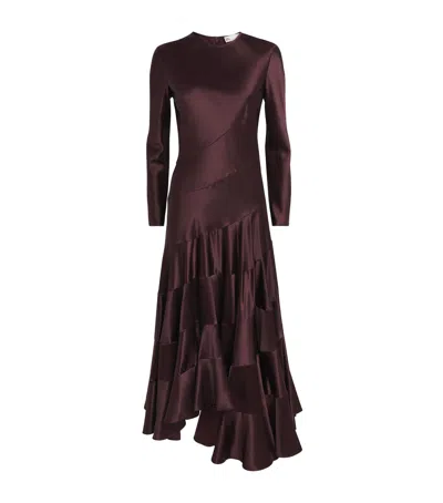 Tory Burch Satin Asymmetric Midi Dress In Burgundy