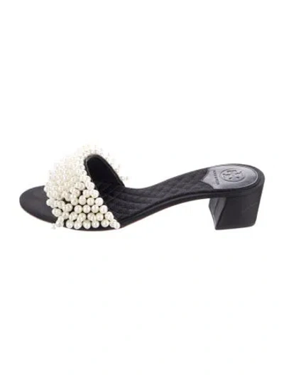 Pre-owned Tory Burch Satin Beaded Accents Slides In Black