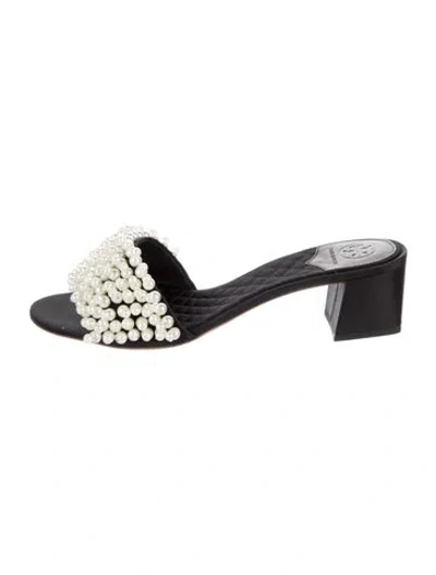 Pre-owned Tory Burch Satin Beaded Accents Slides In Black