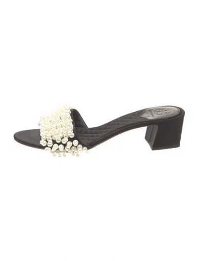 Pre-owned Tory Burch Satin Beaded Accents Slides In Black