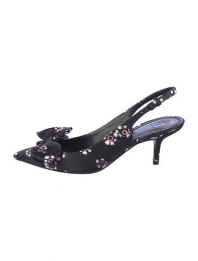 Pre-owned Tory Burch Satin Floral Print Slingback Pumps In Blue