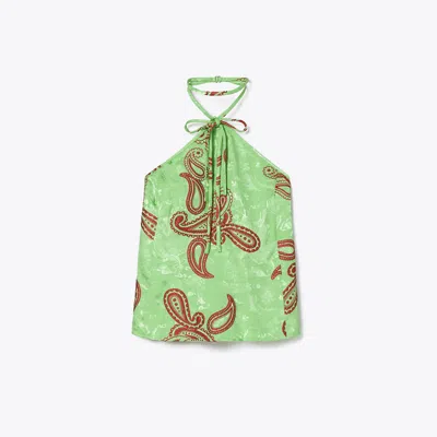 Tory Burch Satin Paisley Knot Top In Green