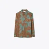 Tory Burch Satin Paisley Shirt In Aqua Stone/smoked Peppercorn
