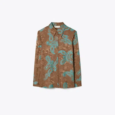 Tory Burch Satin Paisley Shirt In Aqua Stone/smoked Peppercorn
