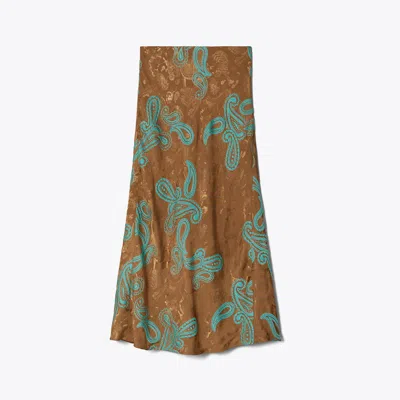 Tory Burch Satin Paisley Skirt In Aqua Stone/smoked Peppercorn