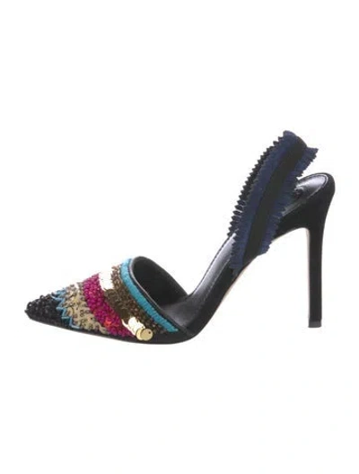 Pre-owned Tory Burch Satin Patterned Slingback Sandals In Black