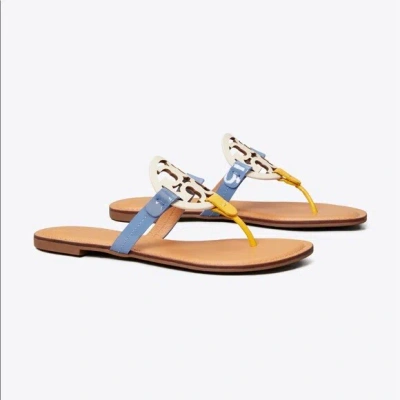 Pre-owned Tory Burch Miller Leather Thong Sandals Cream Bluewood Goldfinch 7.5 8 8.5 9 In White