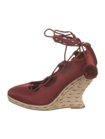 Pre-owned Tory Burch Satin Pom-pom Embellishments Pumps In Burgundy
