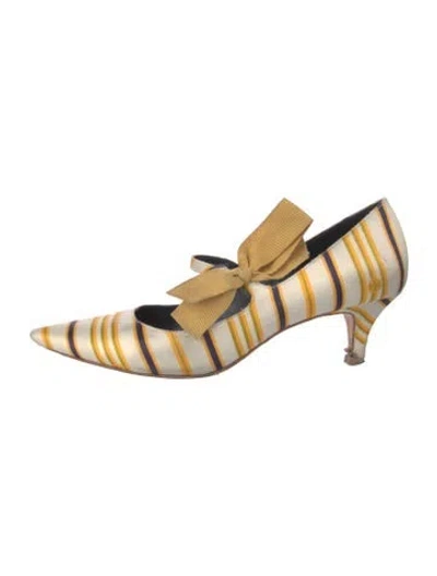 Pre-owned Tory Burch Satin Striped Mules In Yellow