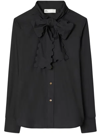 Tory Burch Scalloped Poplin Bow Blouse In Black