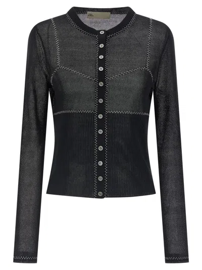 Tory Burch Semi-transparent Mesh Cardigan With Zigzag Stitching In Black