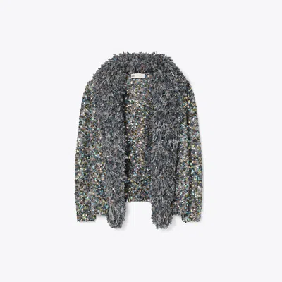 Tory Burch Sequin Fringe Cardigan In Gray