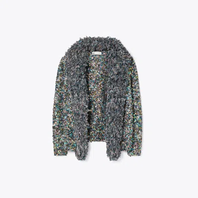 Tory Burch Sequin Fringe Cardigan In Aqua/gray Multi