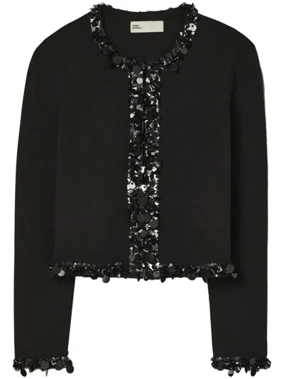 Tory Burch Sequined Wool Caridgan In Black