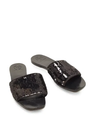 Pre-owned Tory Burch Sequin-embellished Slides In Black